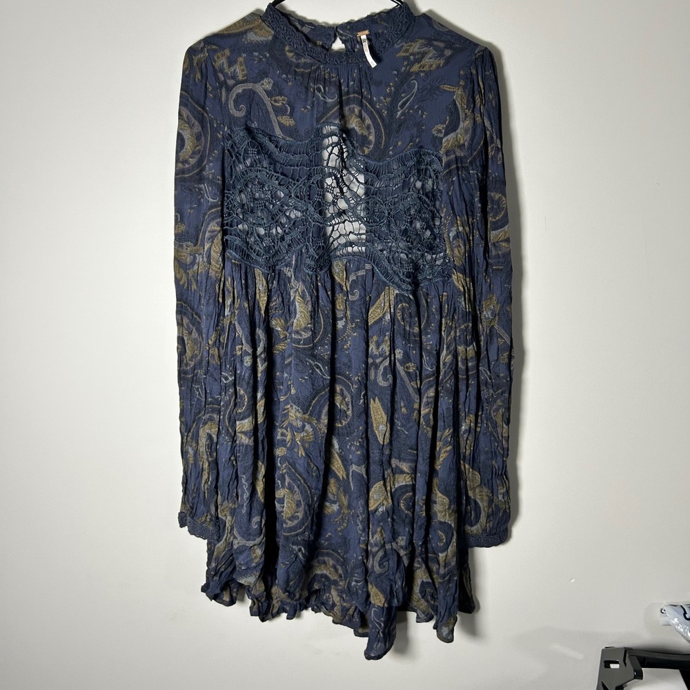 Free People Mini Dress Women M Paisley Crochet Lace Long Sleeve Whimsy Academia